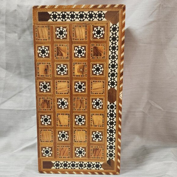 Vintage Small Marquetry Mosaic wood Inlaid Backgammon Board - Picture 7 of 9